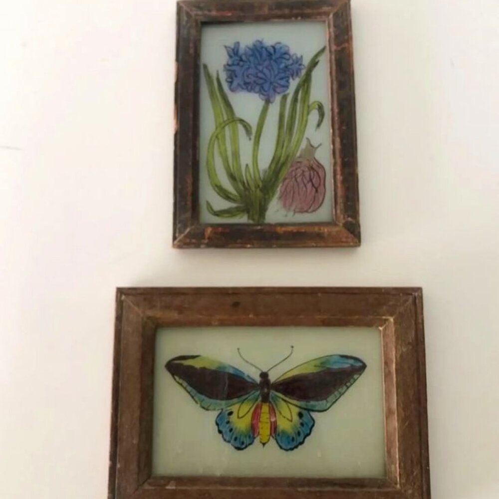 Art Glass Reversed Painted Butterfly and Flowering Bulb.